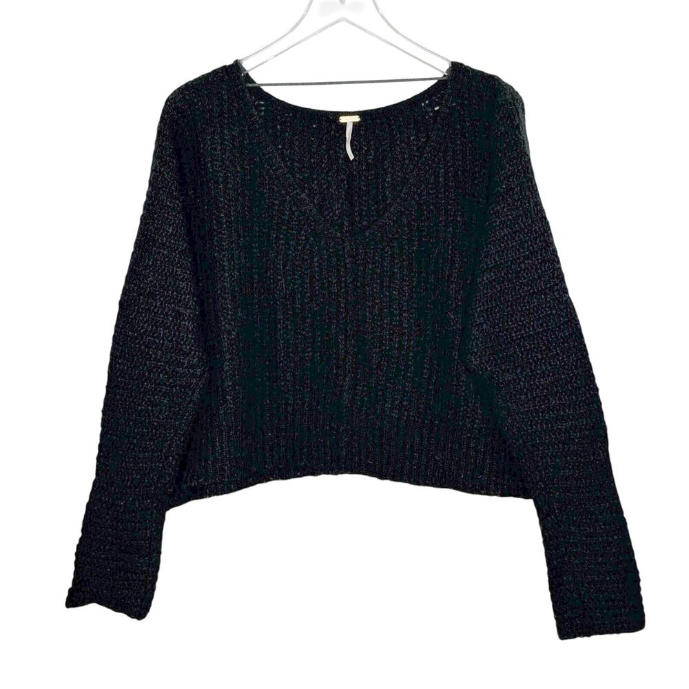 Free People Moonbeam V-Neck Pullover Sweater Top S Black Alpaca Slouchy